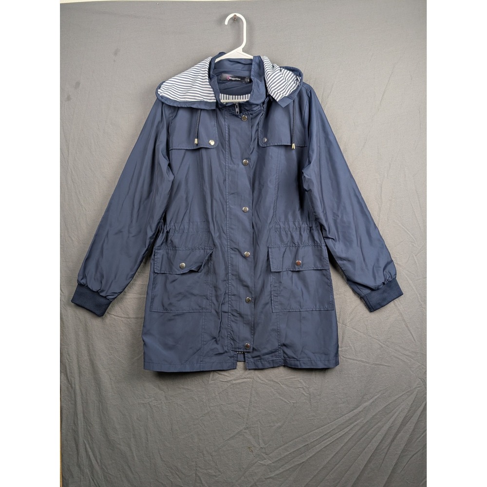 Bloggerlove Womens‎ Navy Blue Hooded Rain Jacket Windbreaker Striped Lining M